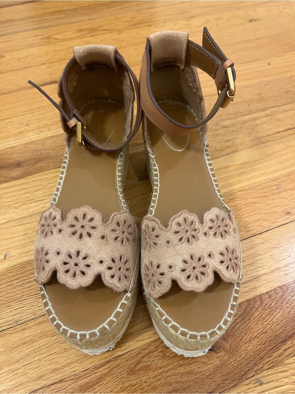 Sea New York Tan Scalloped Floral Suede Espadrille Wedge Sandals